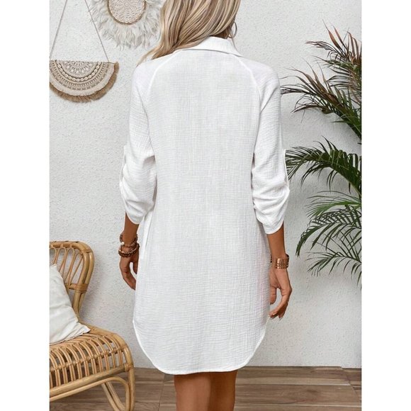 Button down casual Boho shirt dress white semi sheer - Picture 2 of 3